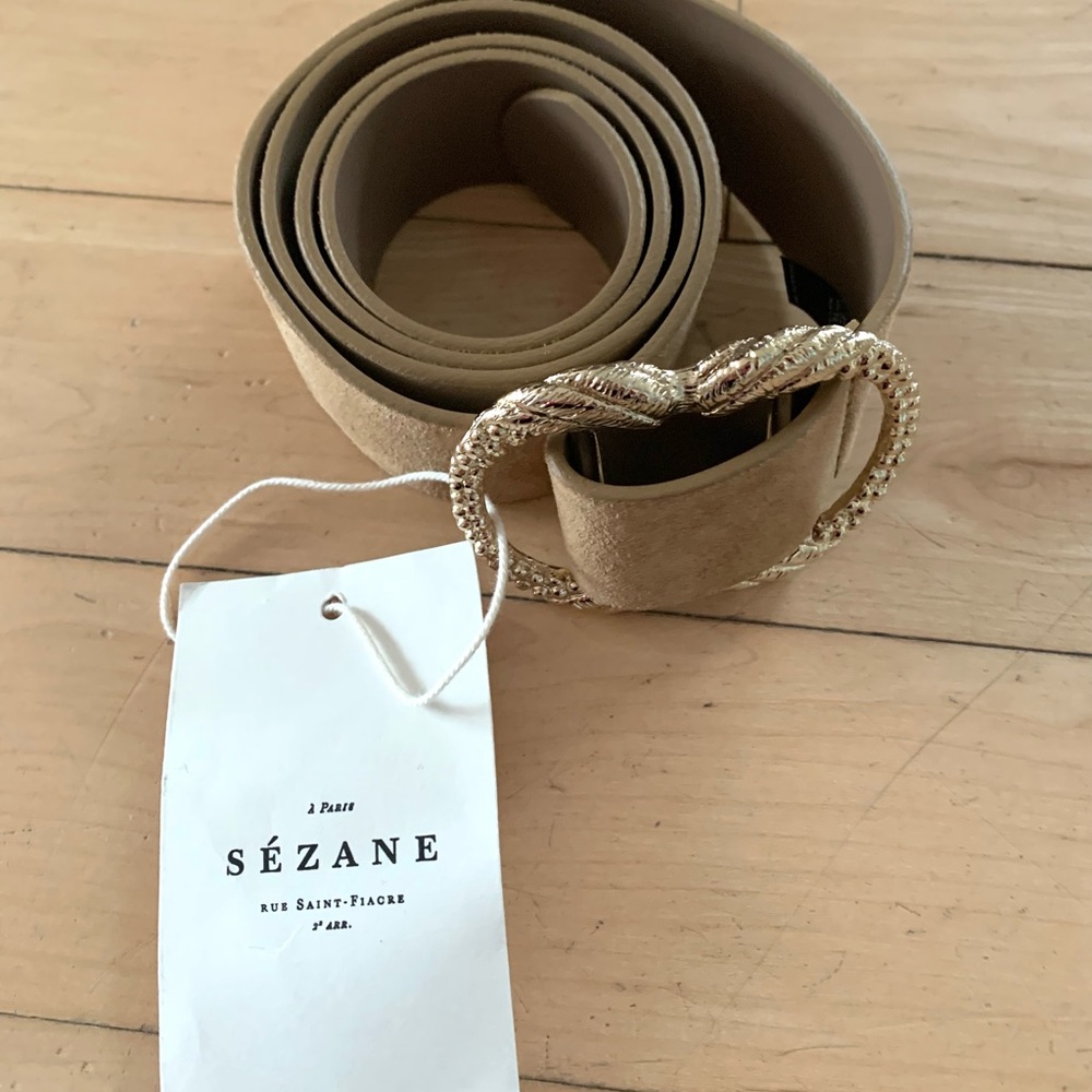 Sezane Artemis Tan Suede Women's Belt with Gold Decorative Buckle - Picture 11 of 12